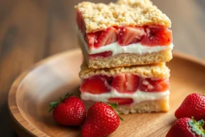 Two slices of strawberry shortcake bars stacked on a wooden plate with golden-brown topping, whipped cream layer, and fresh strawberries visible inside.