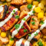 Grilled chicken, corn, and rice bowl with white sauce and parsley in a dark bowl on a bright background