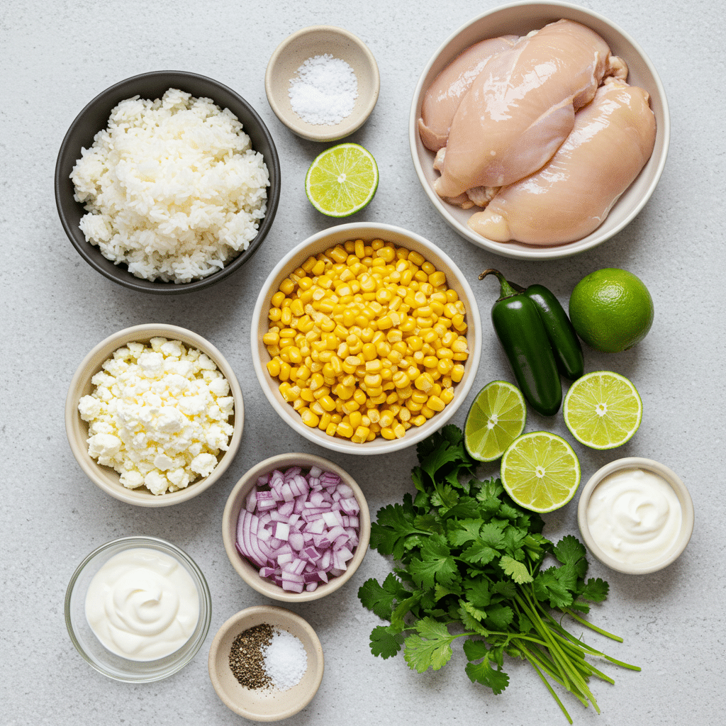 Fresh ingredients for street corn chicken rice bowl arranged flat lay.