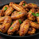 Glazed sweet and spicy chicken wings on a dark round platter, garnished with sesame seeds and parsley