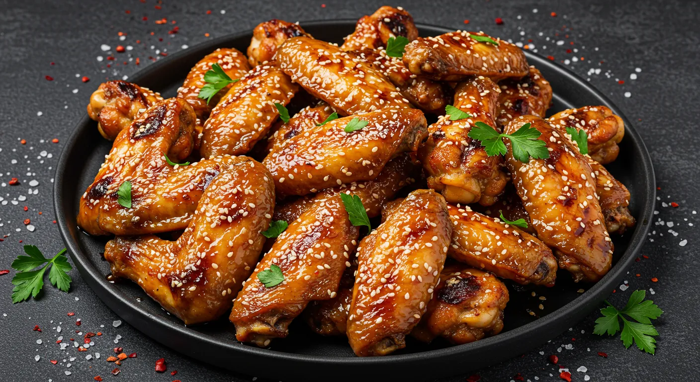 Glazed sweet and spicy chicken wings on a dark round platter, garnished with sesame seeds and parsley