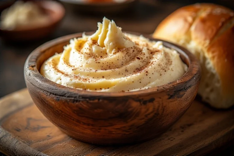 A swirl of honey cinnamon butter in a wooden bowl next to a fresh dinner roll on a rustic wooden table.