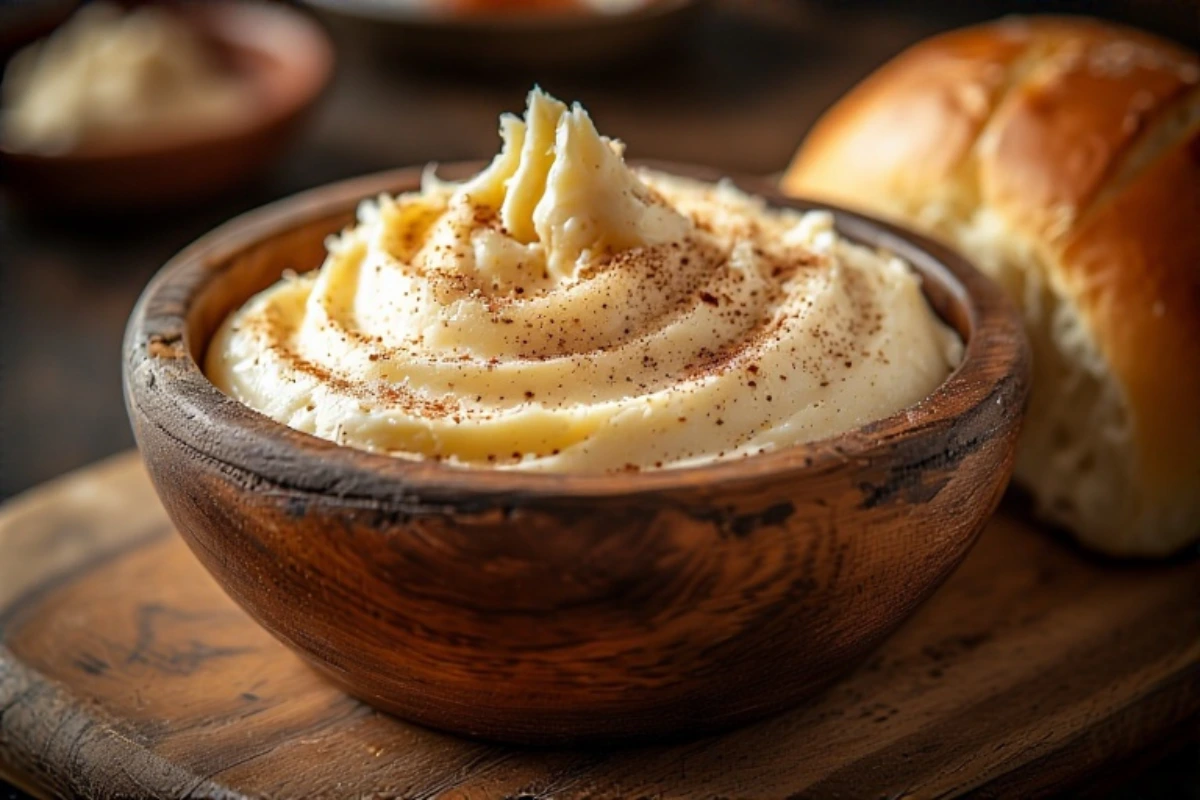 A swirl of honey cinnamon butter in a wooden bowl next to a fresh dinner roll on a rustic wooden table.