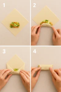 Step-by-step demonstration of folding a vegetable egg roll wrapper