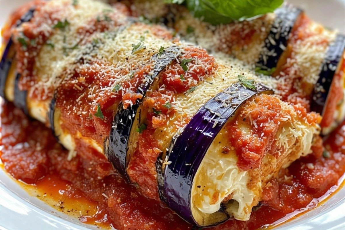 Eggplant rollatini with melted cheese and marinara sauce on a white plate, garnished with fresh basil