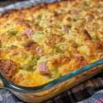 Freshly baked Crescent Roll Breakfast Casserole in a white ceramic dish