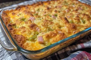 Freshly baked Crescent Roll Breakfast Casserole in a white ceramic dish