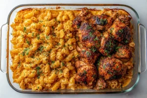 High-Protein Honey Garlic Chicken Mac and Cheese served in a skillet
