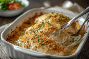 Creamy Baked Caesar Chicken with Crispy Crouton Topping