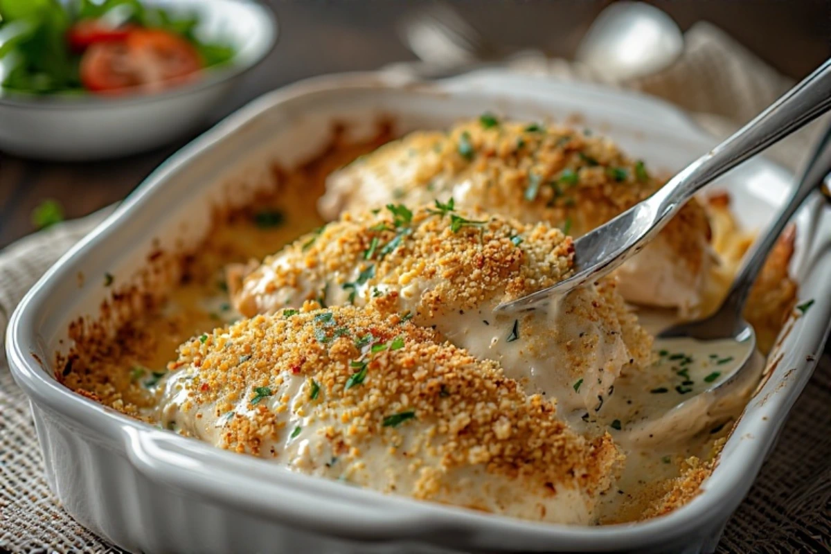 Creamy Baked Caesar Chicken with Crispy Crouton Topping