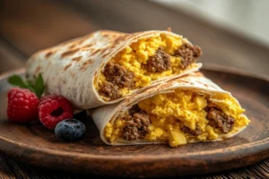 Cheesy Sausage and Egg Breakfast Wraps on a plate ready to eat