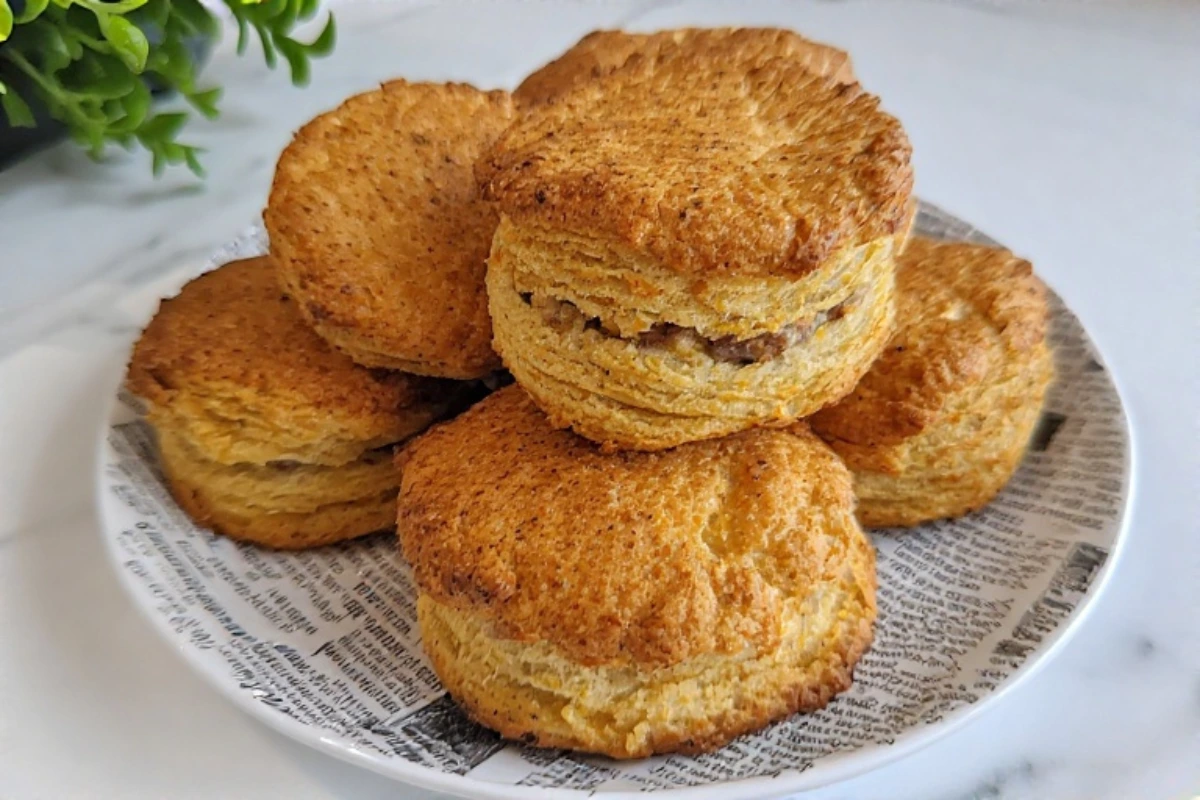 Fluffy Sausage Cheddar Biscuits fresh out of the oven