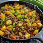 Cheesy Meat & Potato skillet with melted cheddar and golden potatoes