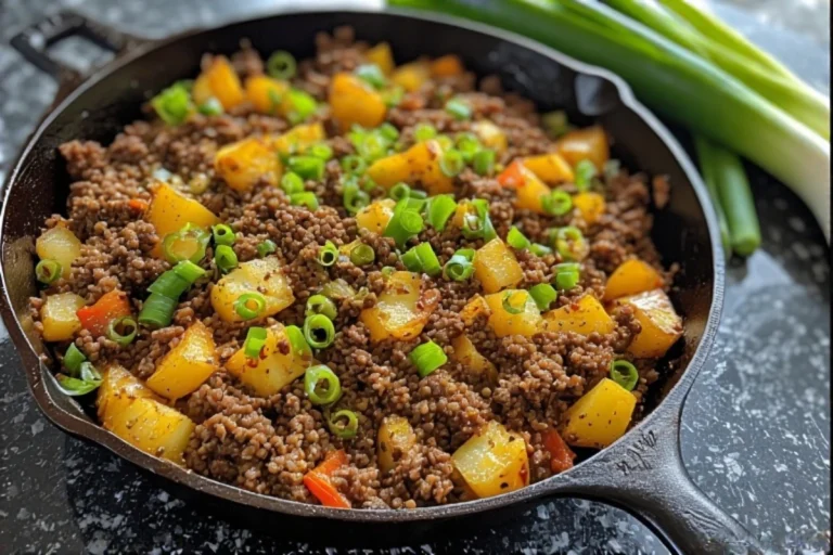 Cheesy Meat & Potato skillet with melted cheddar and golden potatoes