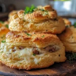 Freshly baked Breakfast Butter Swim Biscuits with sausage and cheese in a buttery crust