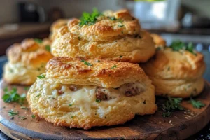 Freshly baked Breakfast Butter Swim Biscuits with sausage and cheese in a buttery crust