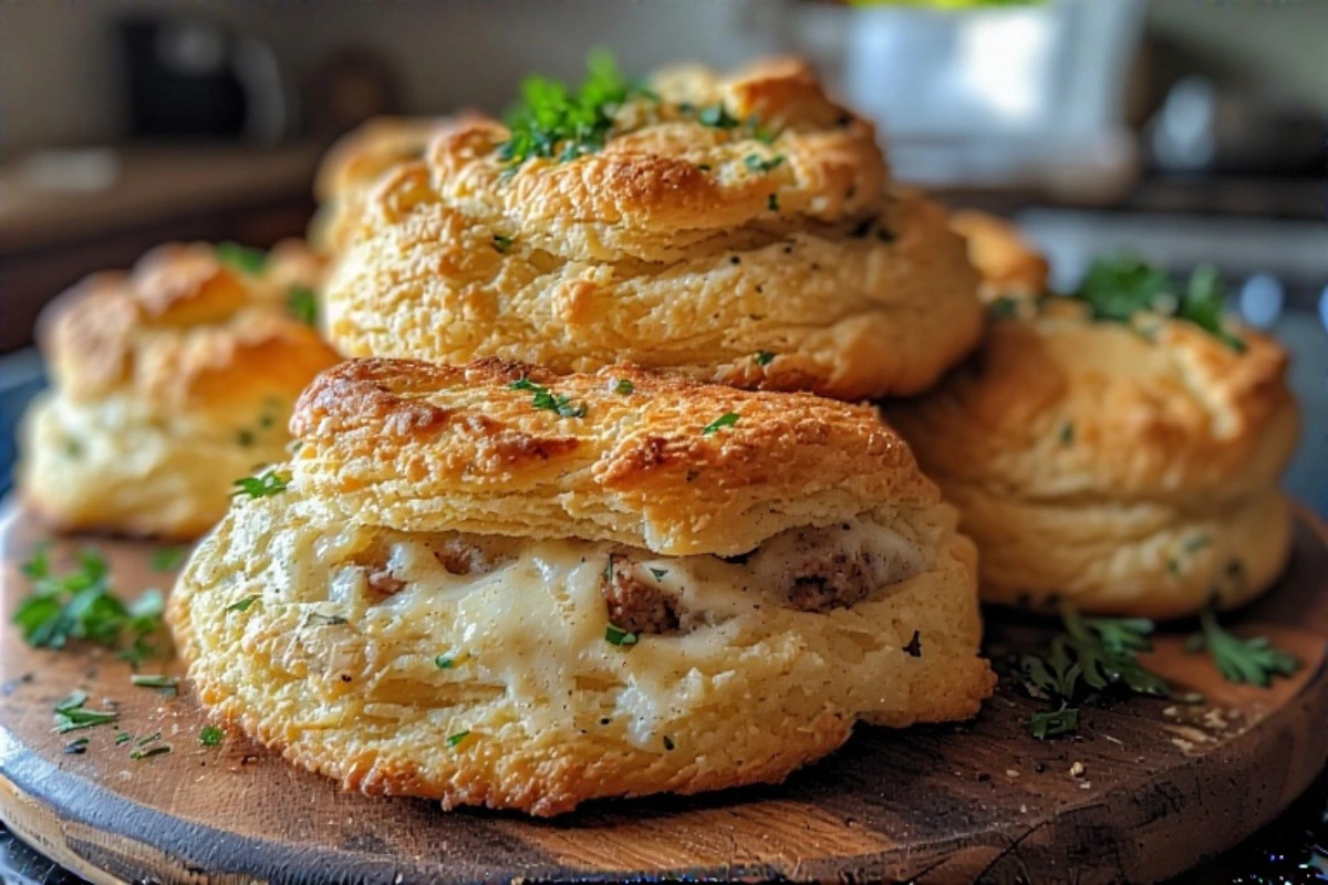 Freshly baked Breakfast Butter Swim Biscuits with sausage and cheese in a buttery crust