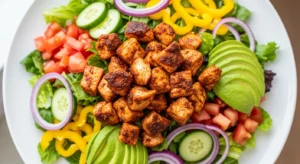 Overhead view of a colorful BBQ chicken salad on a white plate, featuring grilled chicken, mixed greens, diced tomatoes, cucumbers, bell peppers, red onion, and avocado slices, with bright lighting highlighting fresh ingredients