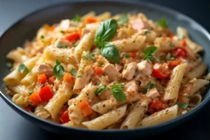 Close-up of a dark gray bowl filled with penne pasta salad, mixed with diced chicken, red and orange bell peppers, cherry tomatoes, and fresh basil, coated in a light sauce.