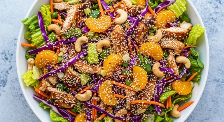Close-up of a fresh Chinese chicken salad in a white bowl, featuring shredded lettuce, purple cabbage, carrots, cashews, mandarin oranges, grilled chicken, and sesame seeds on a light gray-blue surface.