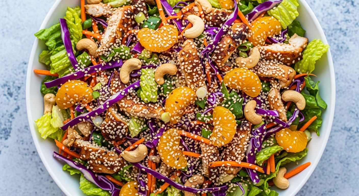Close-up of a fresh Chinese chicken salad in a white bowl, featuring shredded lettuce, purple cabbage, carrots, cashews, mandarin oranges, grilled chicken, and sesame seeds on a light gray-blue surface.