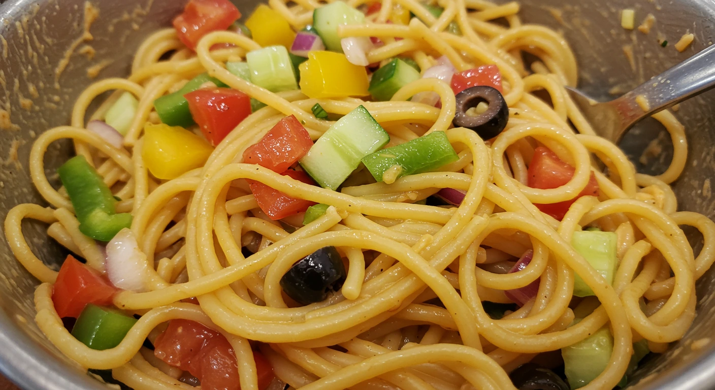 Bowl of spaghetti pasta salad featuring sliced vegetables and olives, with a bright and colorful presentation from a slightly angled top view