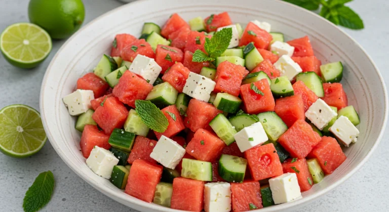A white bowl filled with diced watermelon, cucumber, feta cheese, and fresh mint leaves, sprinkled with salt and pepper