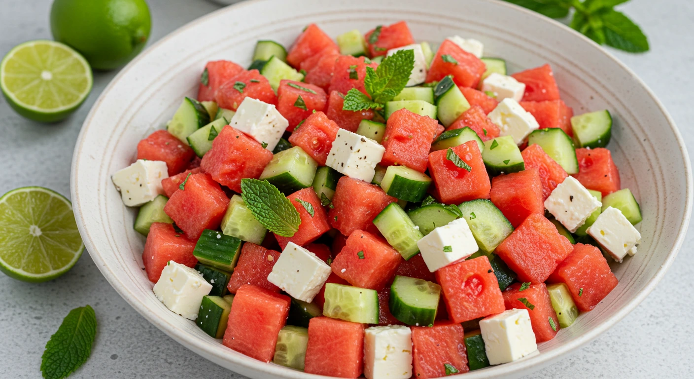 A white bowl filled with diced watermelon, cucumber, feta cheese, and fresh mint leaves, sprinkled with salt and pepper