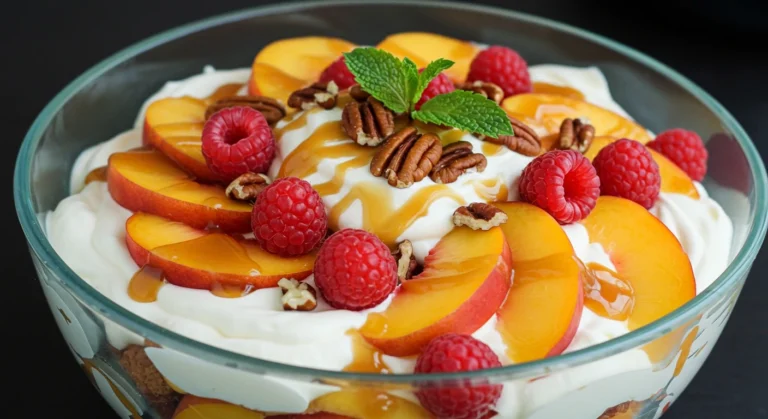 Glass bowl with layers of whipped cream, peaches, raspberries, pecans, and caramel sauce, topped with mint leaves