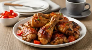 Chicken Tocino Recipe plated with rice and egg