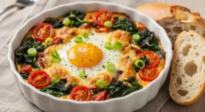 Baked Feta Eggs with tomatoes, peppers, and perfectly runny yolks in a rustic dish