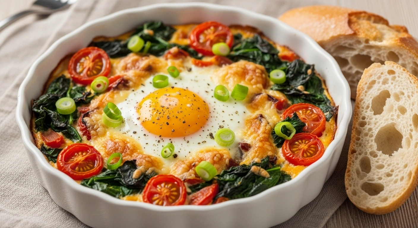 Baked Feta Eggs with tomatoes, peppers, and perfectly runny yolks in a rustic dish