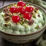 A bowl of pistachio fluff dessert topped with maraschino cherries and chopped pecans on a rustic wooden table