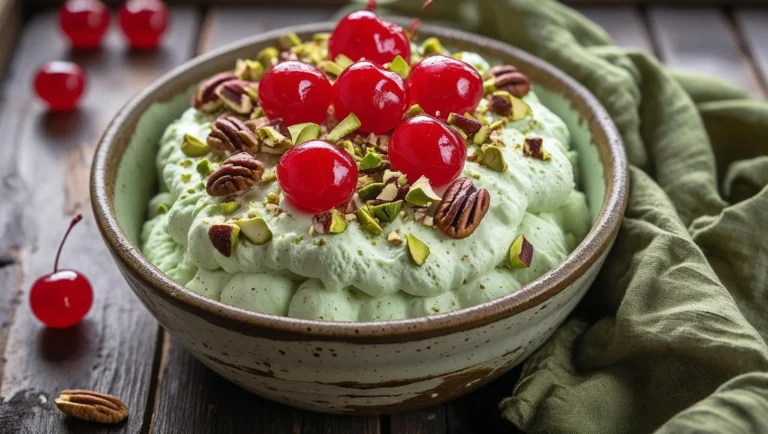 A bowl of pistachio fluff dessert topped with maraschino cherries and chopped pecans on a rustic wooden table