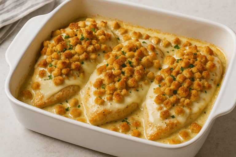 baked caesar chicken recipe with cheese and croutons