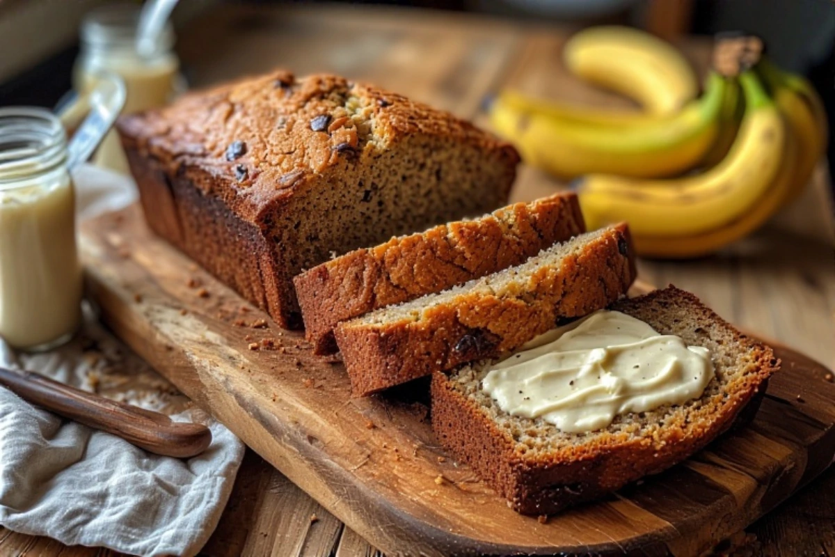 Slice of banana bread topped with creamy mayonnaise on a wooden board