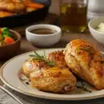 Roasted bone-in chicken breasts with herbs on a plate, served with vegetables and mashed potatoes