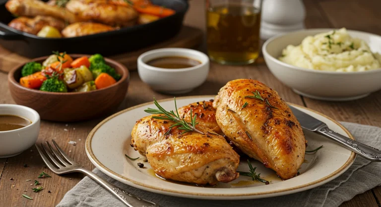 Roasted bone-in chicken breasts with herbs on a plate, served with vegetables and mashed potatoes