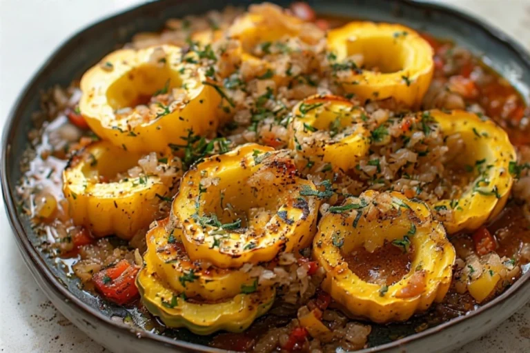 A roasted buttercup squash stuffed with quinoa, cranberries, and toasted pecans, garnished with fresh parsley on a rustic wooden table