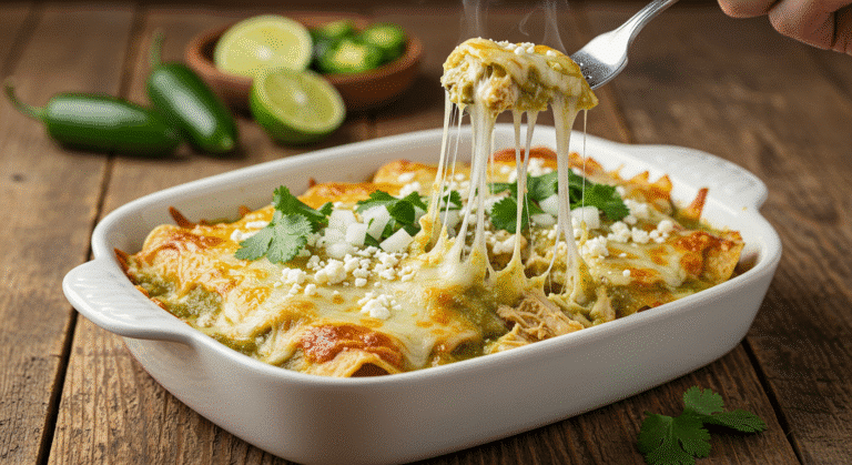 Cheesy chicken enchiladas topped with melted cheese and cilantro