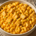 chicken mac and cheese in skillet with golden topping