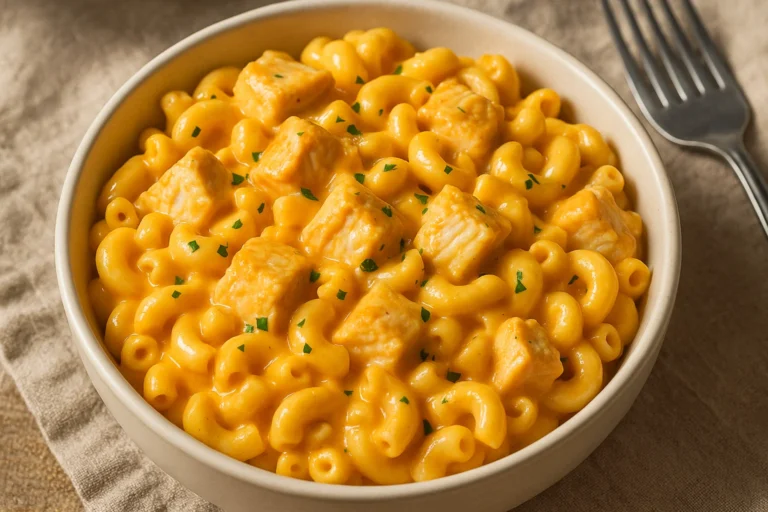 chicken mac and cheese in skillet with golden topping