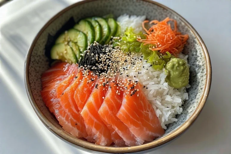 Assorted chirashi sushi bowl with fresh sashimi and vegetables over rice