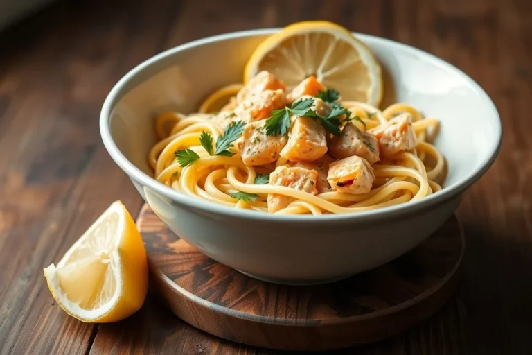 Creamy salmon pasta served in a white bowl with parsley and lemon slices