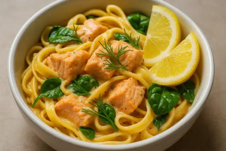 Creamy salmon pasta recipe with lemon and dill