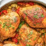Juicy sliced oven-baked chicken breast garnished with fresh parsley on a white plate.