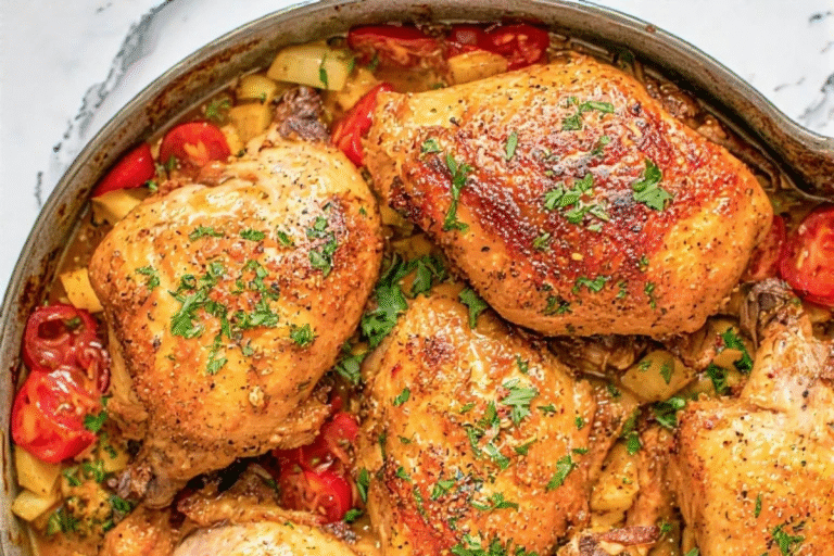 Juicy sliced oven-baked chicken breast garnished with fresh parsley on a white plate.