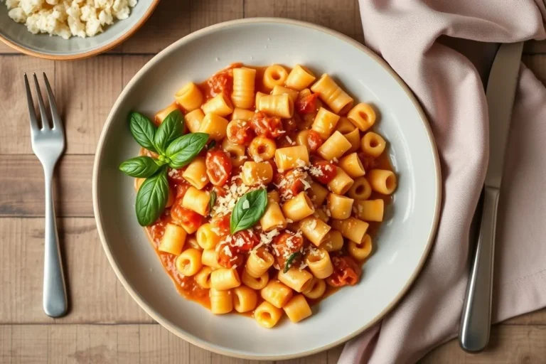 Overhead view of a plate filled with cooked ditalini pasta in a creamy sauce, garnished with herbs and melted cheese.