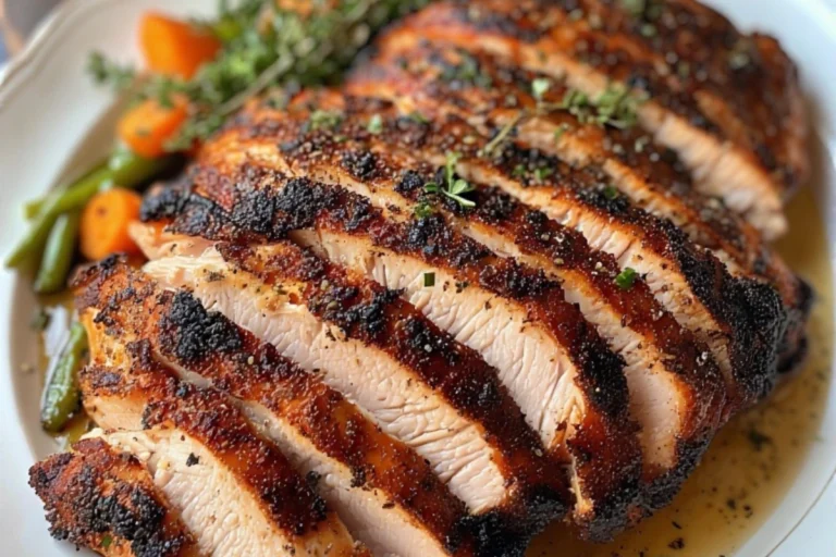 Sliced smoked chicken breast with smoky crust on a white plate