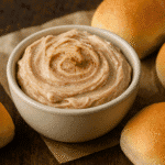 Texas Roadhouse honey cinnamon butter in bowl with rolls
